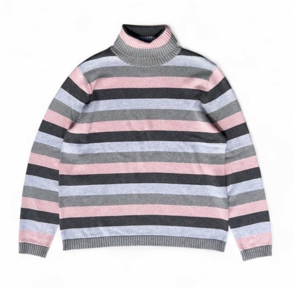 Pendleton Striped Knit Turtleneck Sweater Vintage Gray Pink Cotton Women’s Large